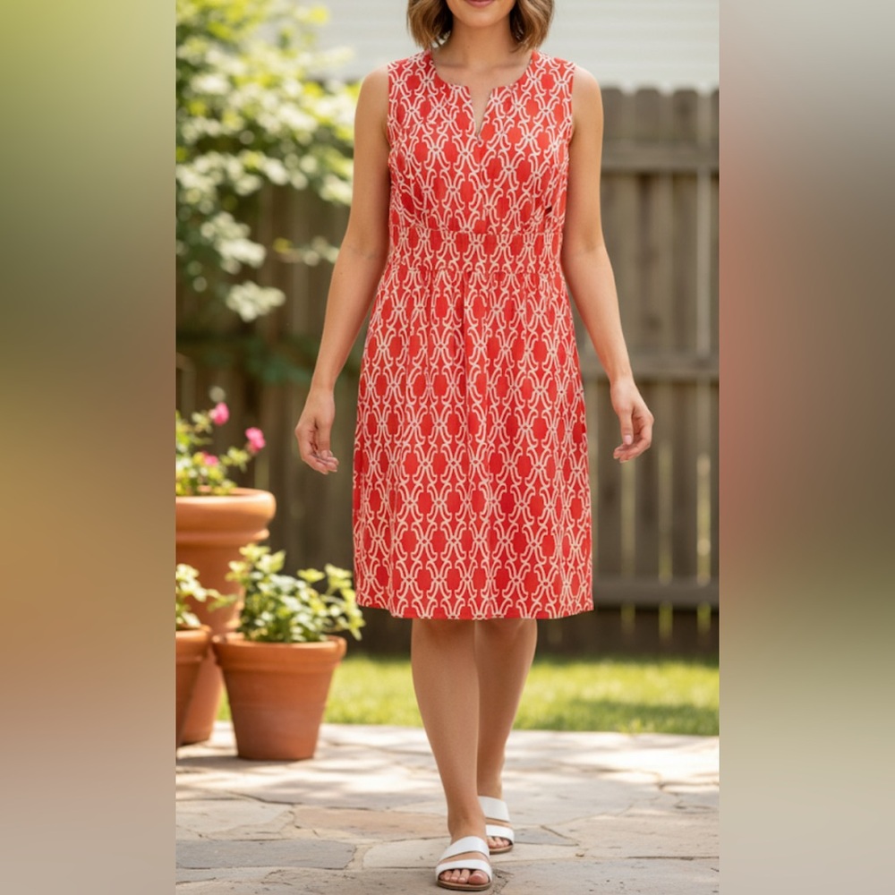 Joseph Ribkoff Nylon Stretch Trellis Dress Dark Coral Orange White Geo Sz 10